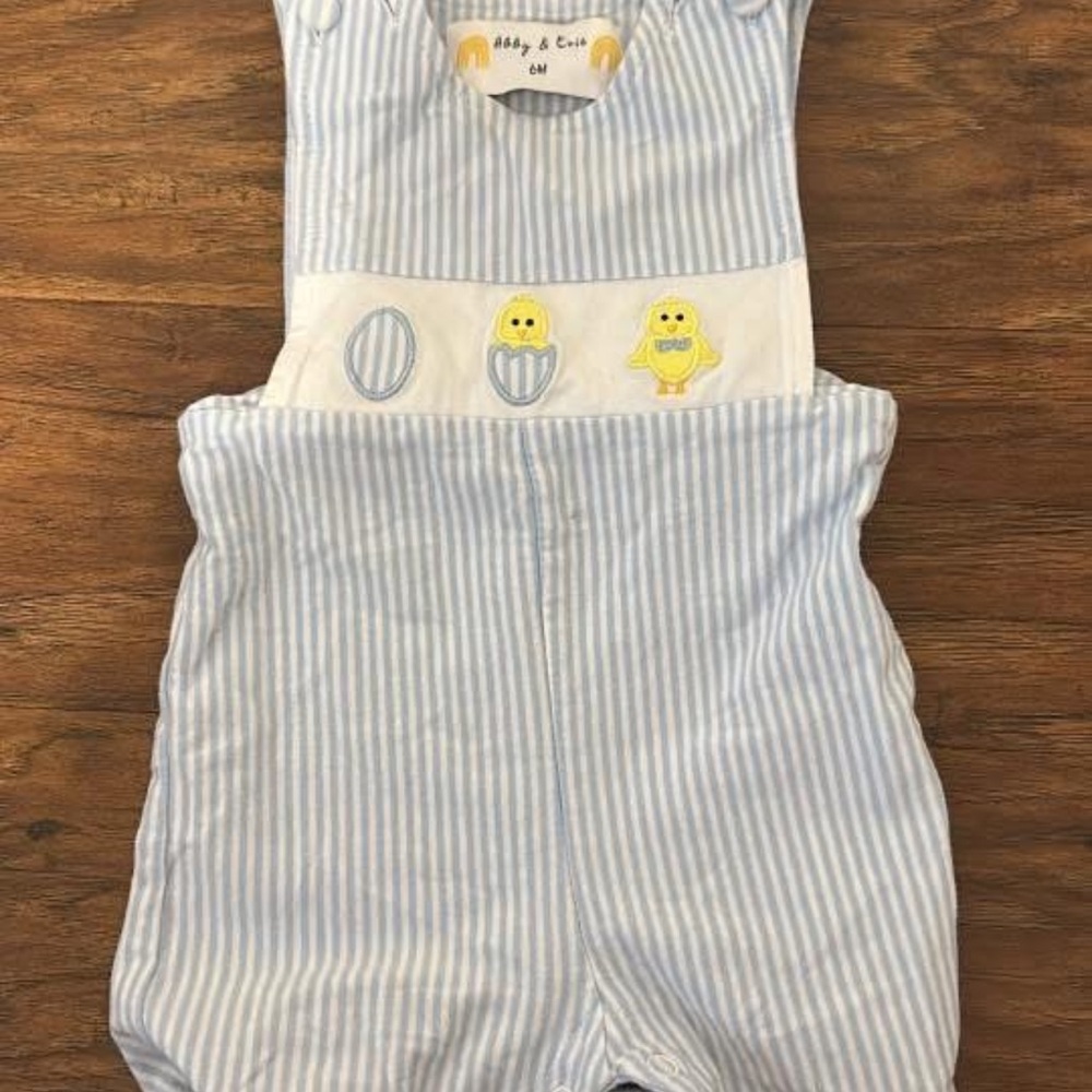 Baby Blue Striped Overall Romper with Chick Applique